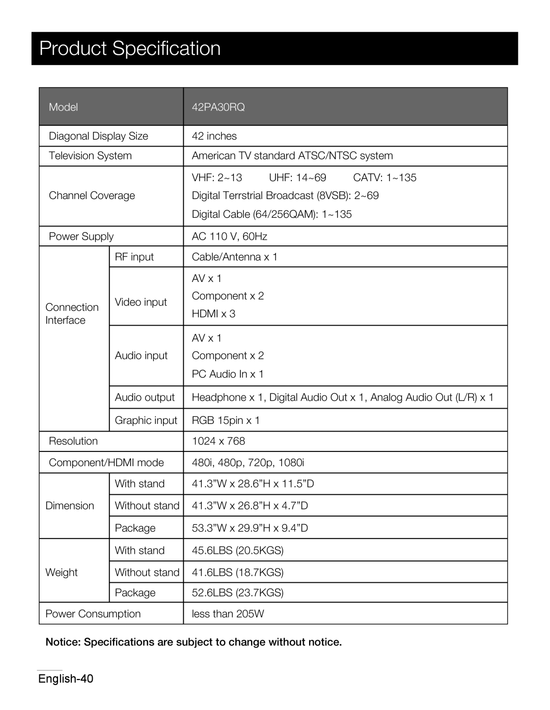 RCA 42PA30RQ user manual Product Speciﬁcation, Digital Cable 64/256QAM 1~135 