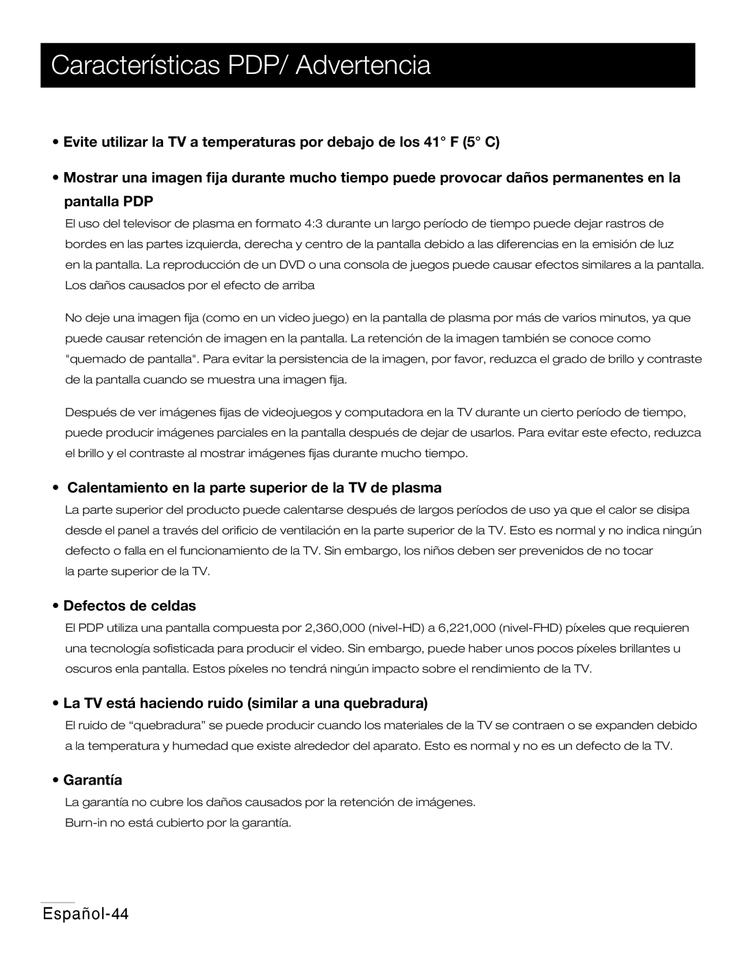 RCA 42PA30RQ user manual Características PDP/ Advertencia, Calentamiento en la parte superior de la TV de plasma 