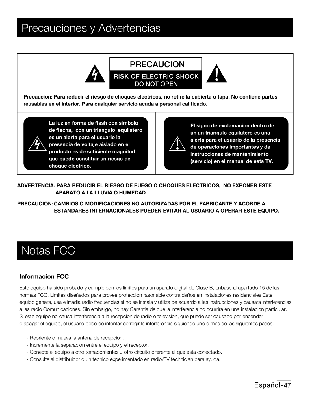 RCA 42PA30RQ user manual Precauciones y Advertencias, Notas FCC 