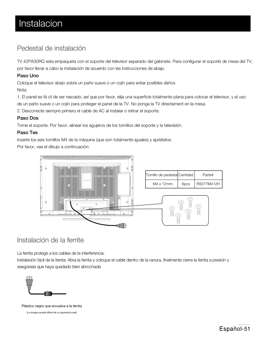 RCA 42PA30RQ user manual Instalacion, Pedestal de instalación, Instalación de la ferrite 