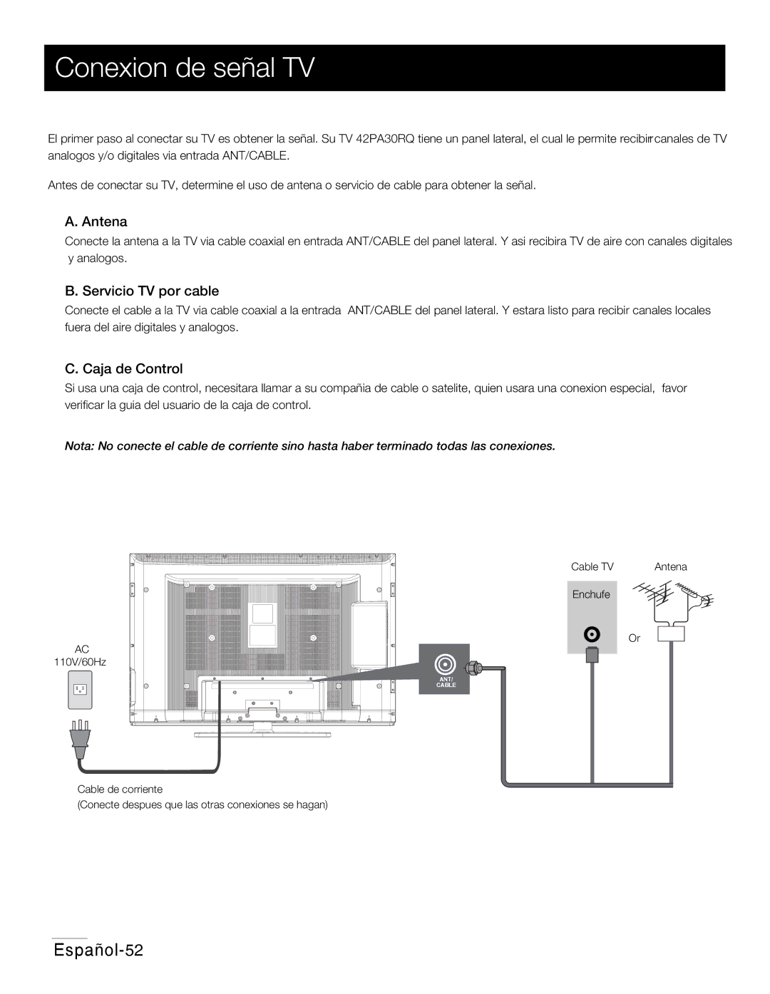 RCA 42PA30RQ user manual Conexion de señal TV, Antena, Servicio TV por cable, Caja de Control 