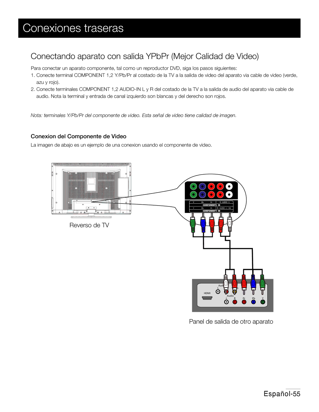 RCA 42PA30RQ user manual Conectando aparato con salida YPbPr Mejor Calidad de Video, Conexion del Componente de Video 