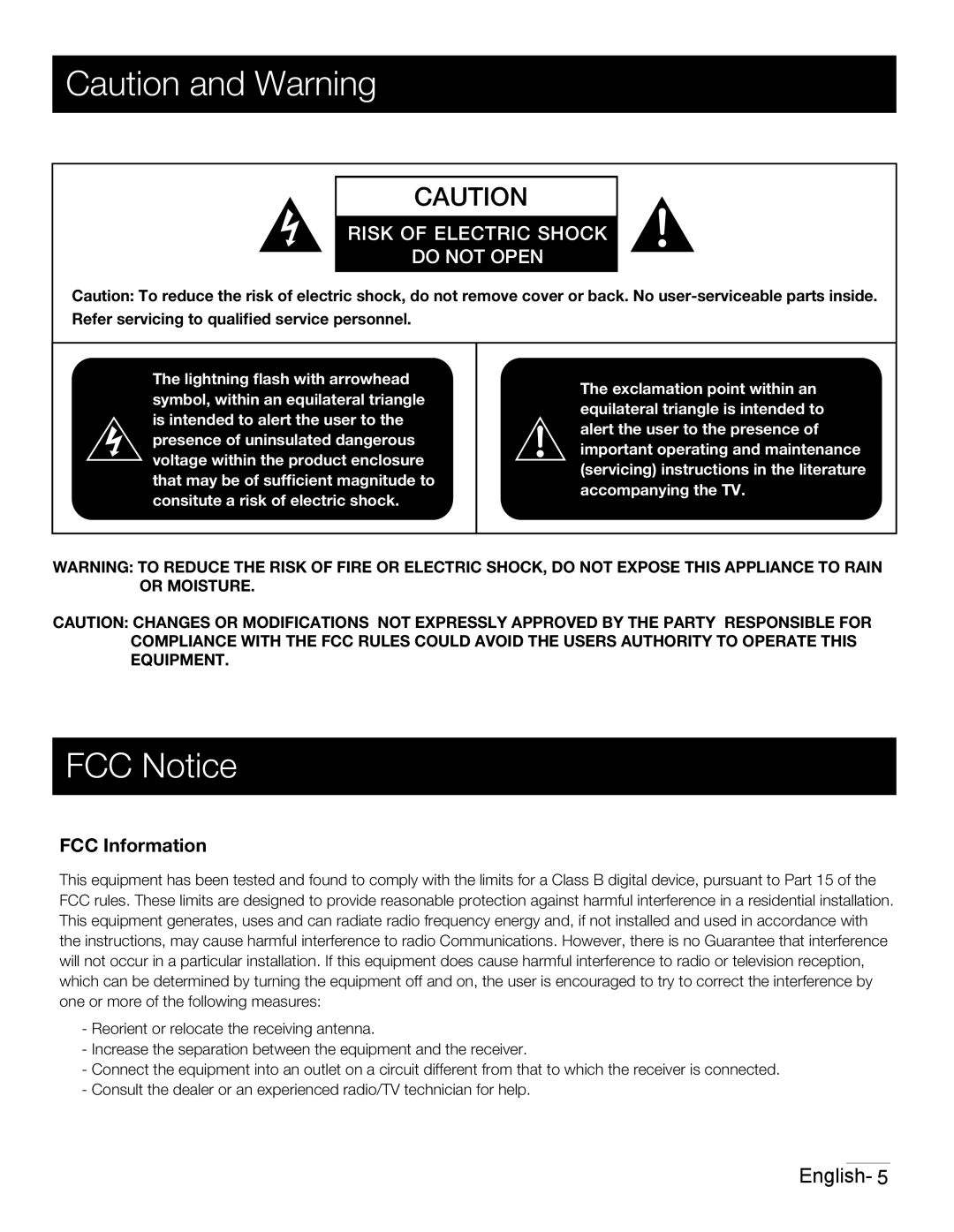 RCA 42PA30RQ user manual FCC Notice, Risk of Electric Shock Do not Open 