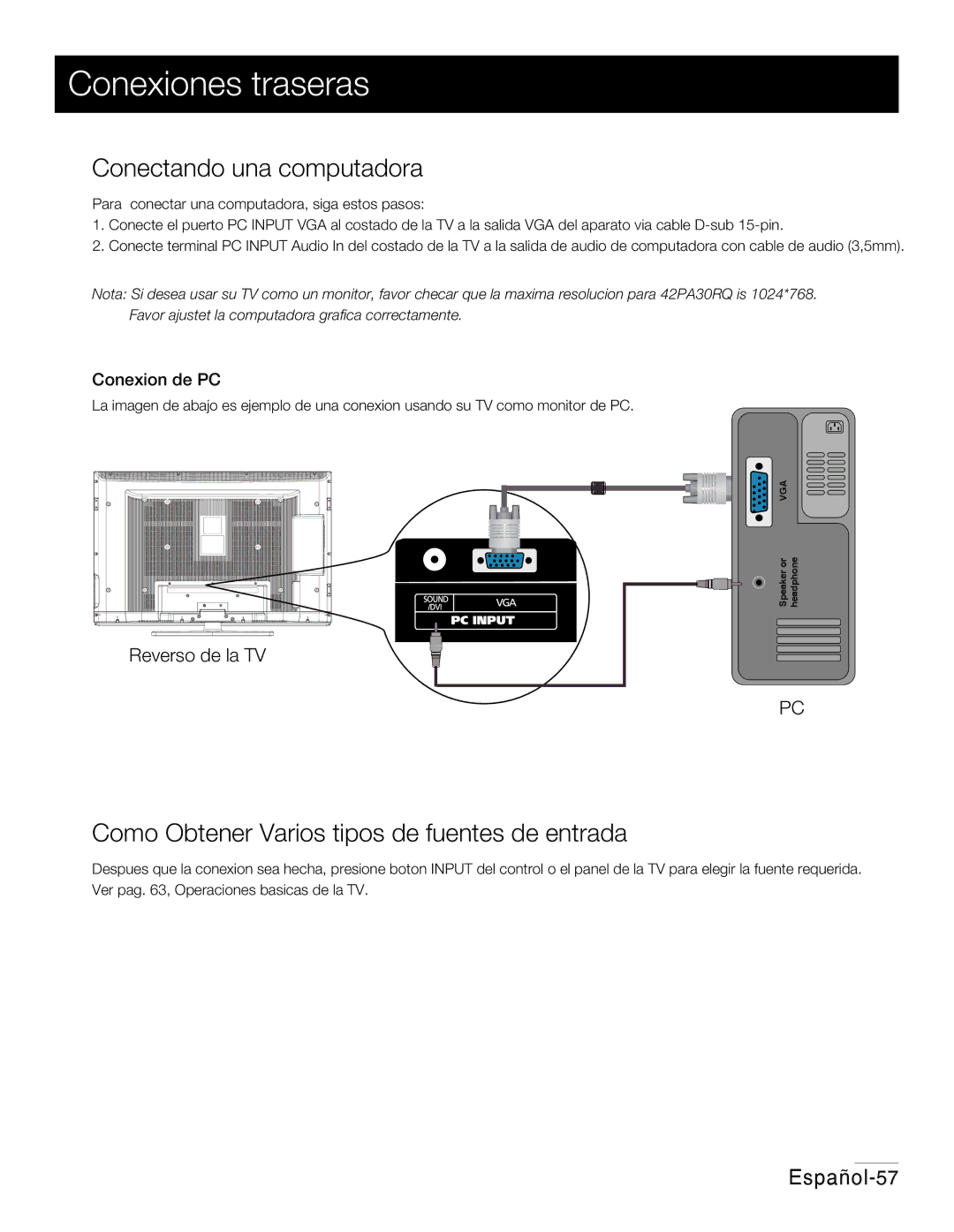 RCA 42PA30RQ user manual Conectando una computadora, Como Obtener Varios tipos de fuentes de entrada, Conexion de PC 