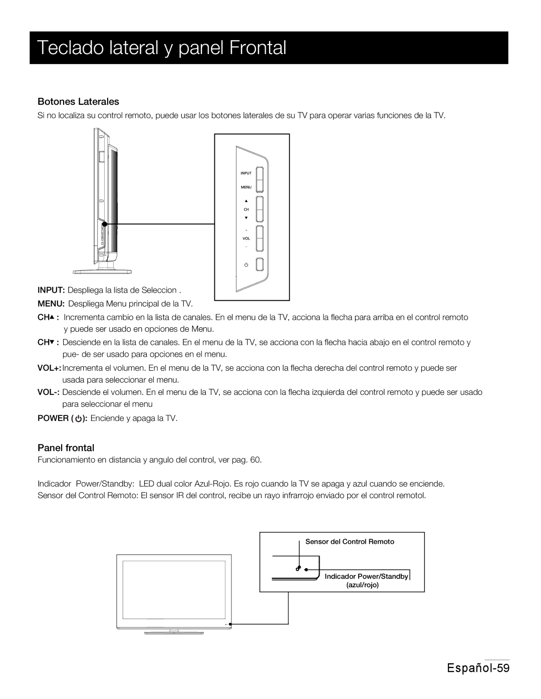 RCA 42PA30RQ user manual Teclado lateral y panel Frontal, Botones Laterales, Panel frontal 