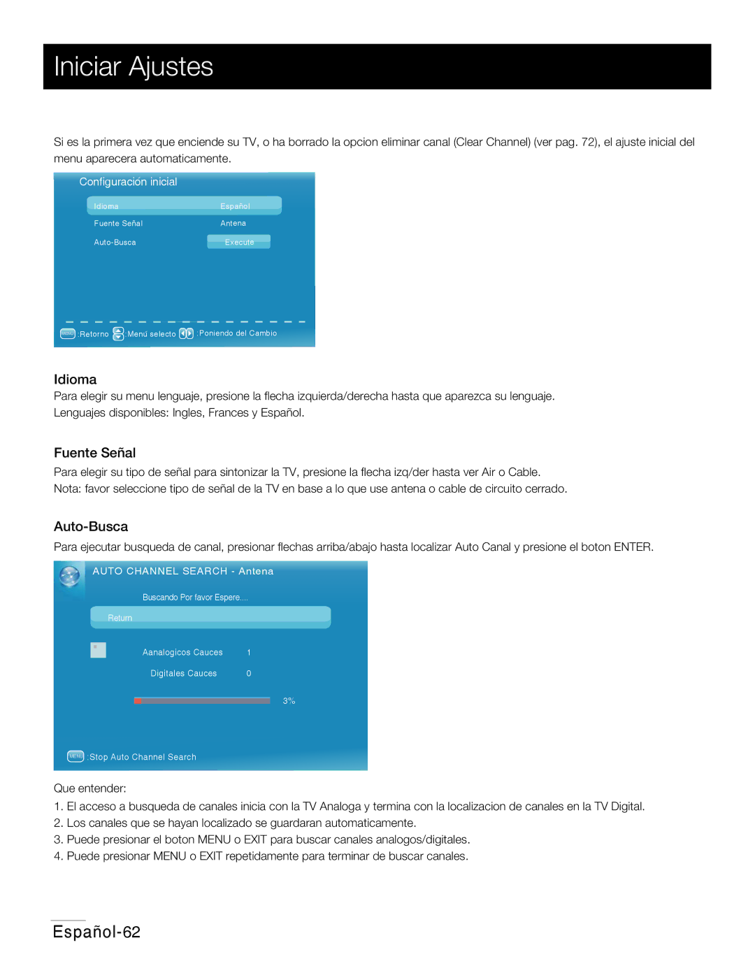 RCA 42PA30RQ user manual Iniciar Ajustes, Idioma, Fuente Señal, Auto-Busca 