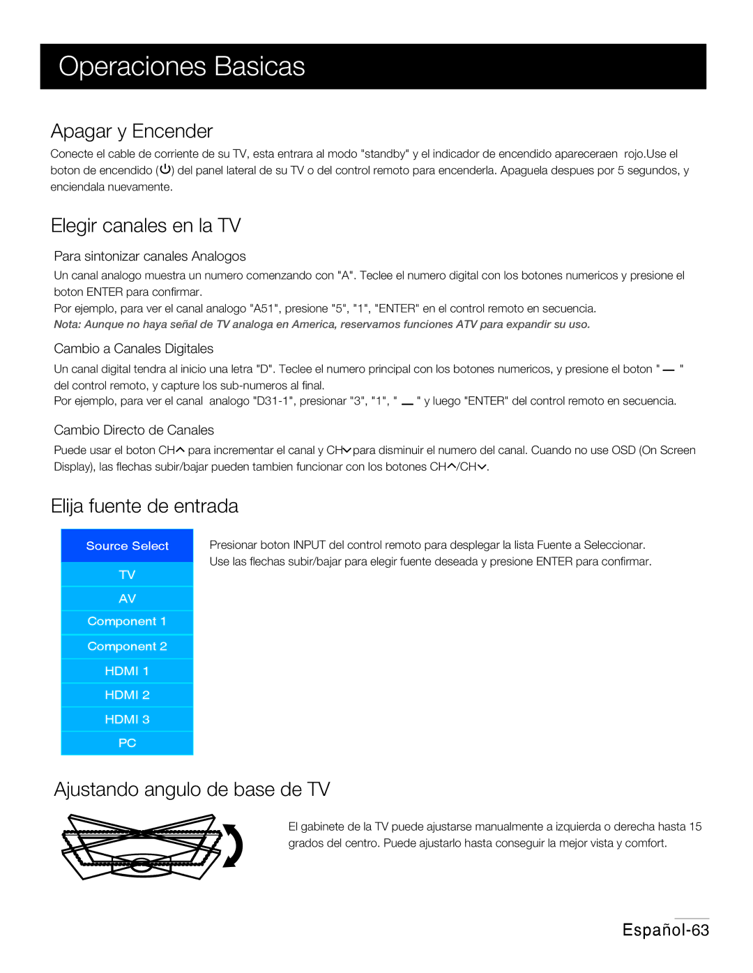 RCA 42PA30RQ user manual Operaciones Basicas, Apagar y Encender, Elegir canales en la TV, Elija fuente de entrada 