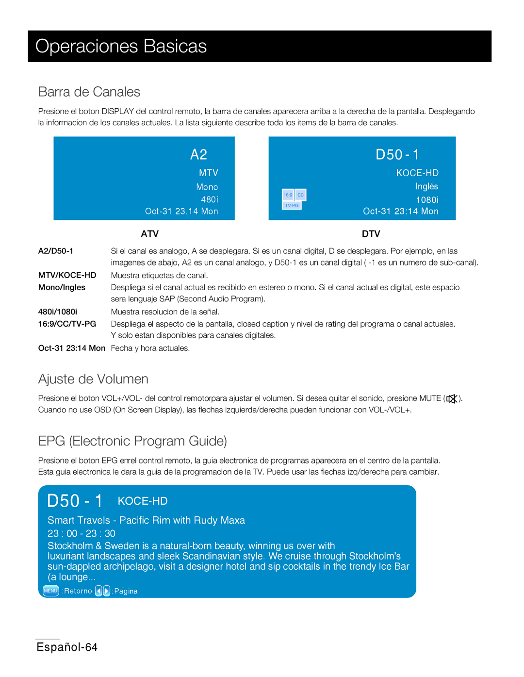 RCA 42PA30RQ user manual Barra de Canales, Ajuste de Volumen 