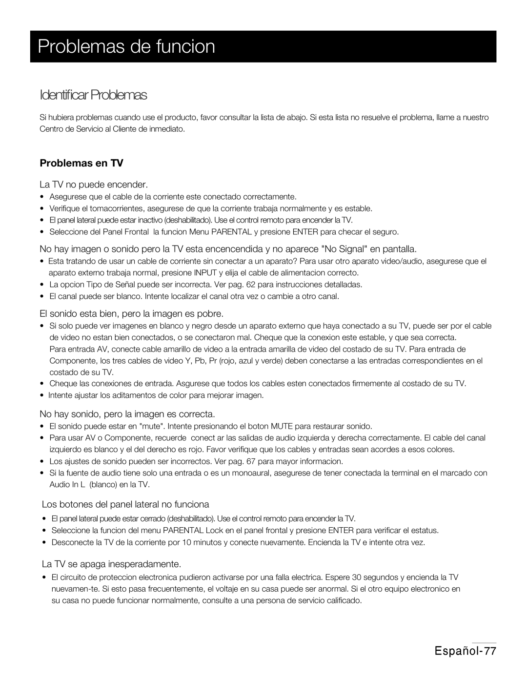 RCA 42PA30RQ user manual Problemas de funcion, Identiﬁcar Problemas 