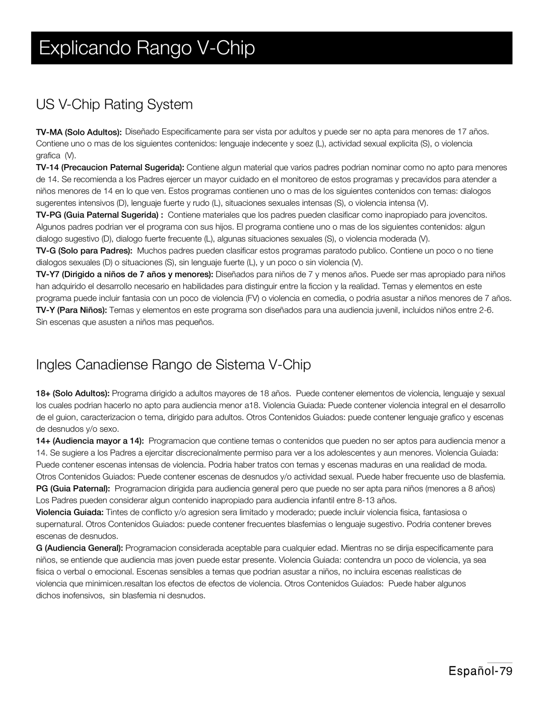 RCA 42PA30RQ user manual Explicando Rango V-Chip, Ingles Canadiense Rango de Sistema V-Chip 