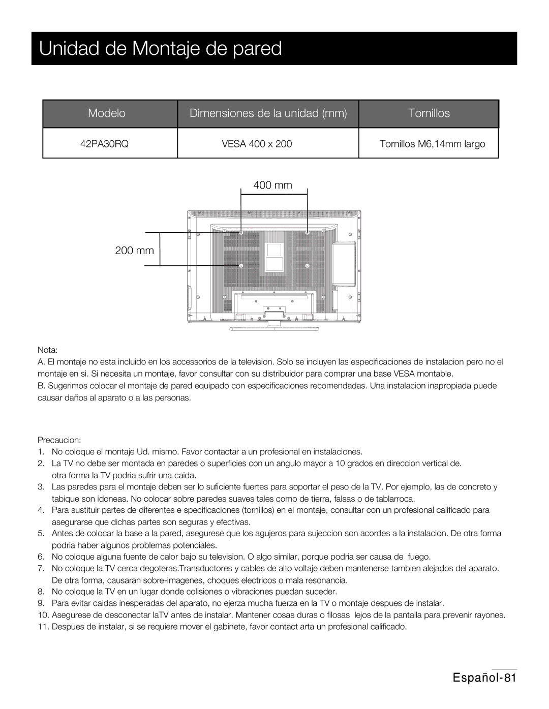 RCA 42PA30RQ user manual Unidad de Montaje de pared, Vesa 400 x, Tornillos M6,14mm largo 