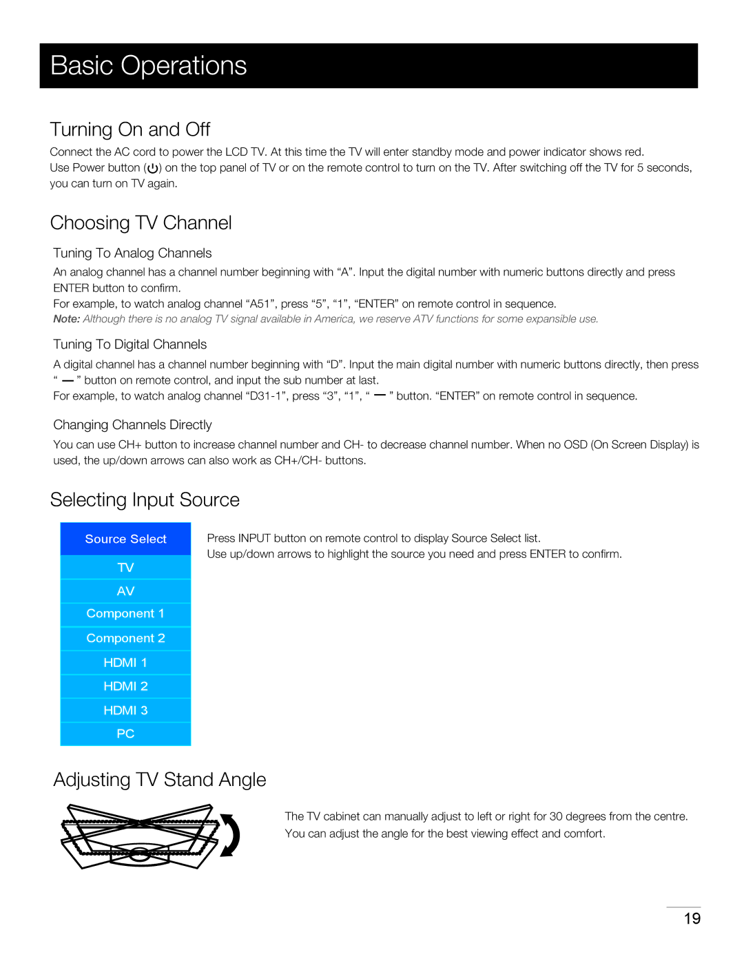 RCA 46LA45RQ Basic Operations, Turning On and Off, Choosing TV Channel, Selecting Input Source, Adjusting TV Stand Angle 