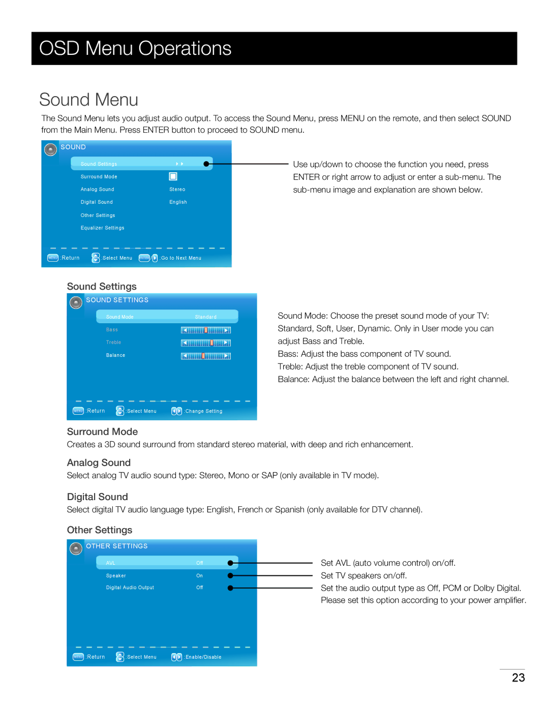 RCA 46LA45RQ manual Sound Menu 