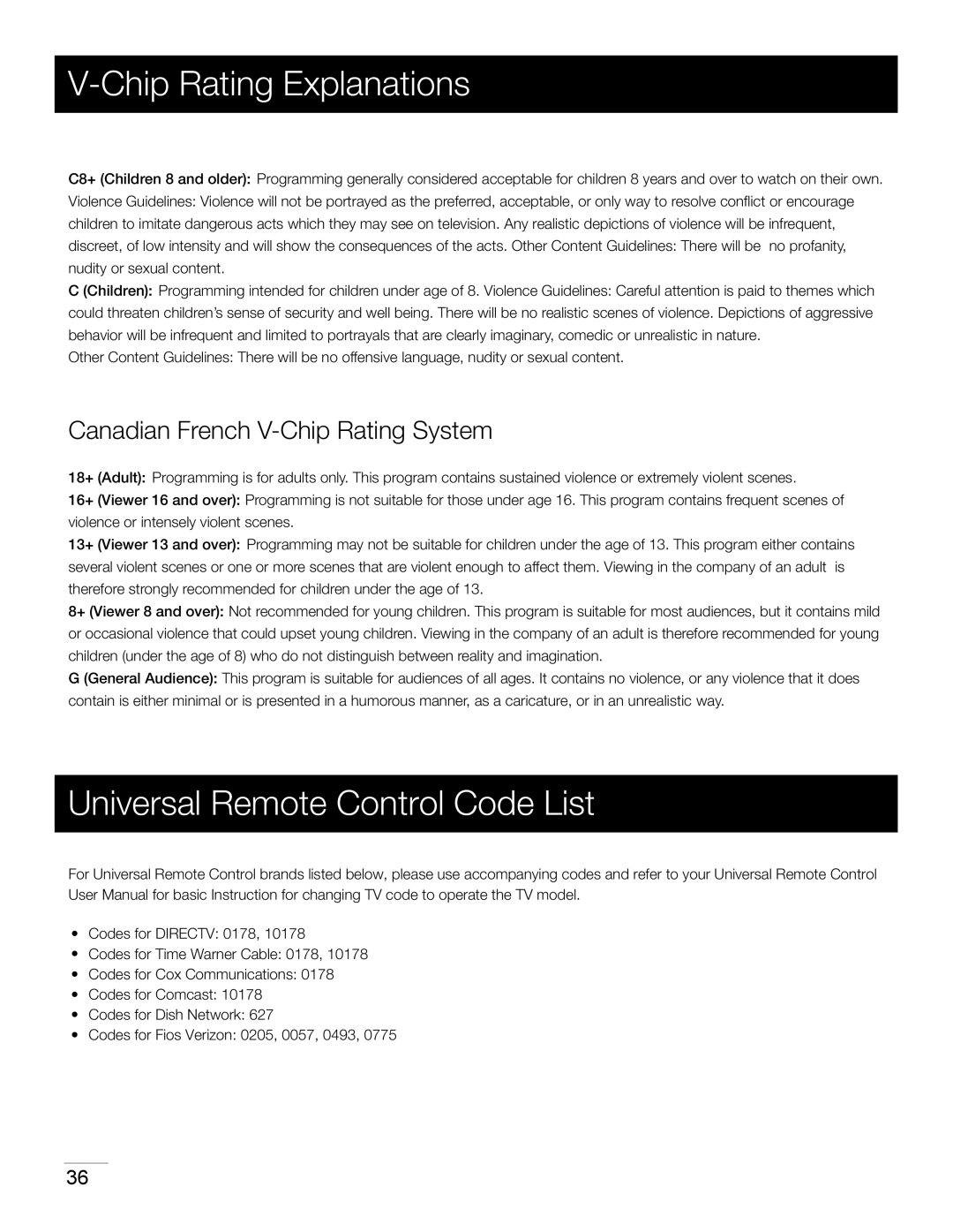 RCA 46LA45RQ manual Universal Remote Control Code List, Canadian French V-Chip Rating System 