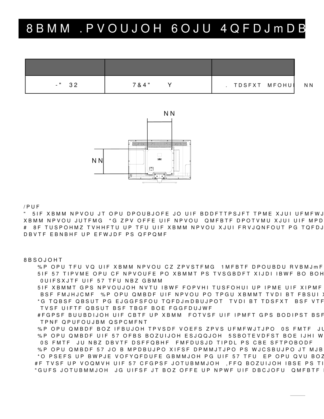 RCA 46LA45RQ manual Wall Mounting Unit Speciﬁcation, Screw 