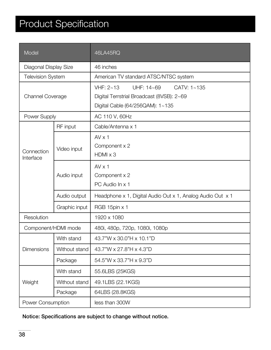 RCA 46LA45RQ manual Product Speciﬁcation, Digital Cable 64/256QAM 1~135 