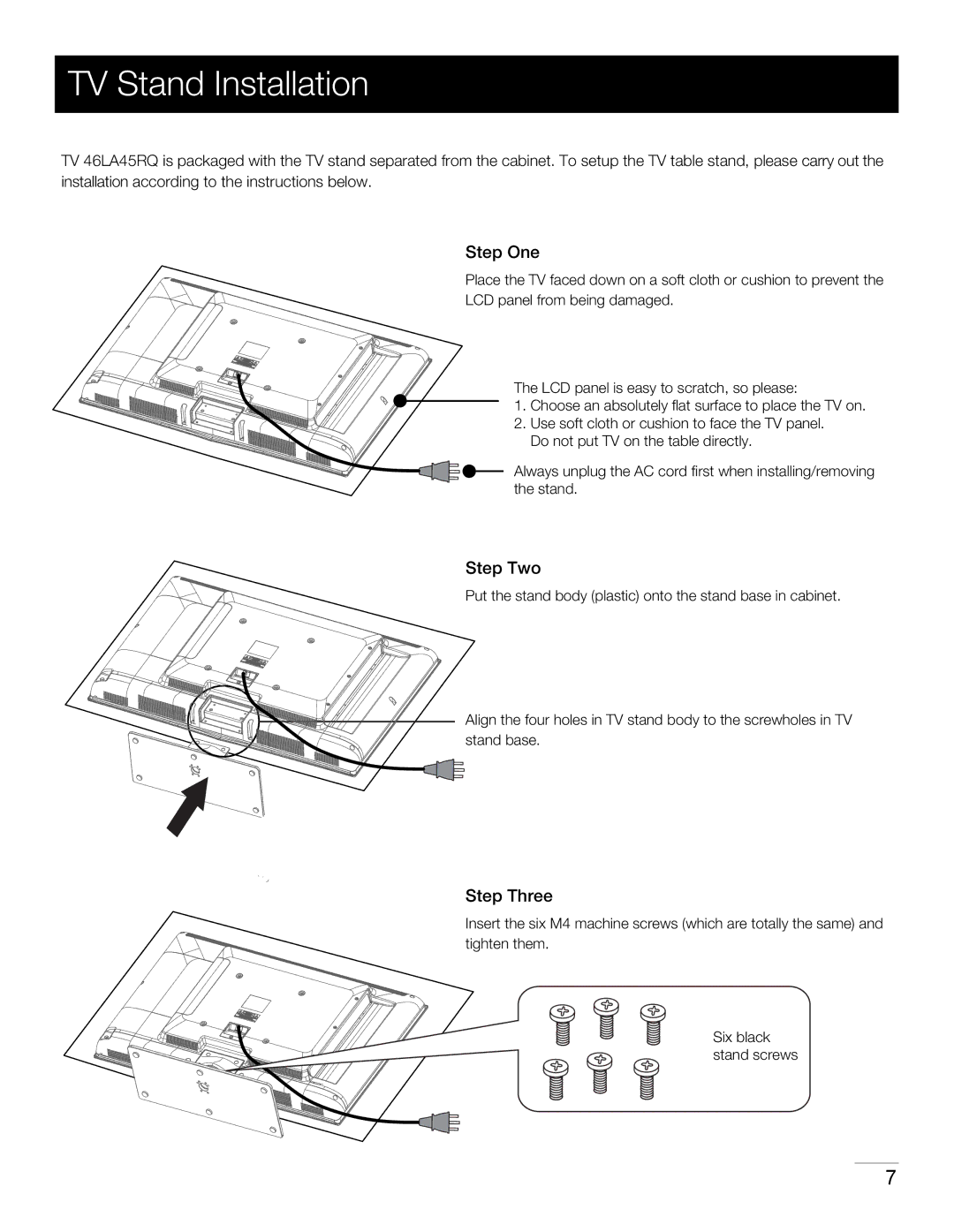 RCA 46LA45RQ manual TV Stand Installation, Step One, Step Two, Step Three 