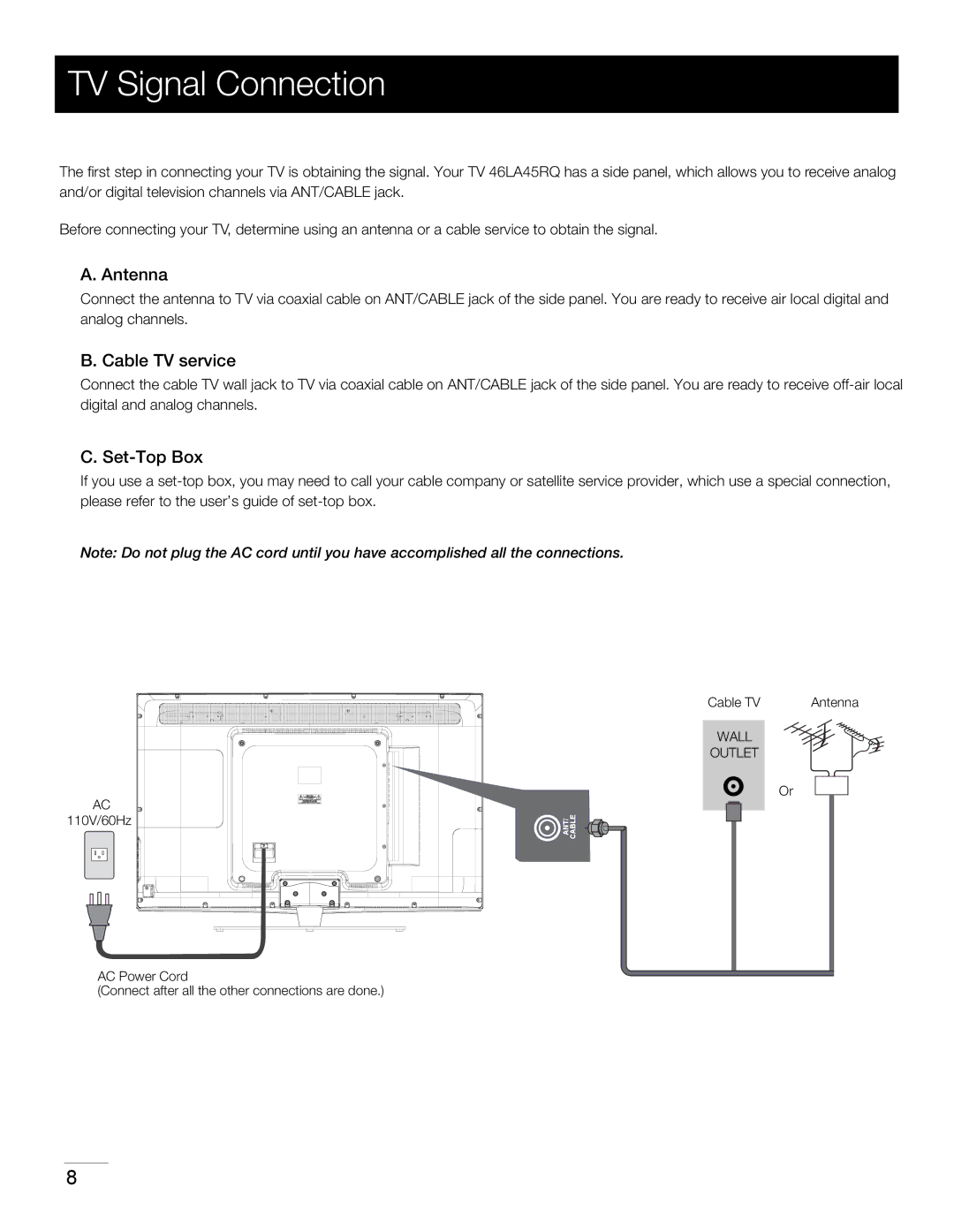 RCA 46LA45RQ manual TV Signal Connection, Antenna, Cable TV service, Set-Top Box 