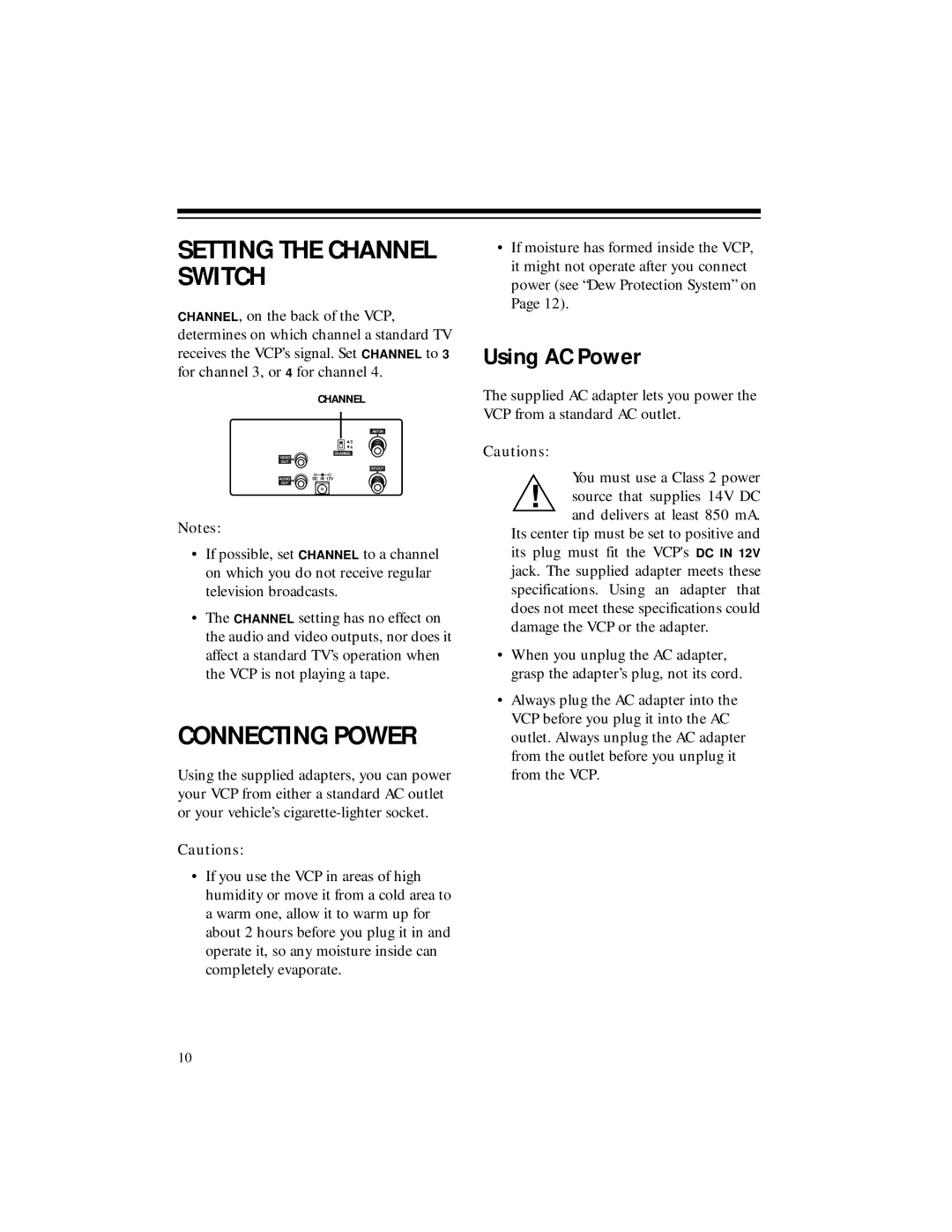 RCA 50, 40 owner manual Setting the Channel Switch, Connecting Power, Using AC Power 