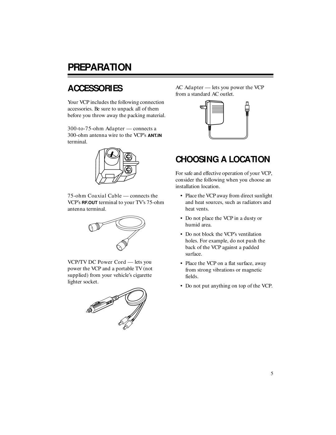 RCA 40, 50 owner manual Preparation, Accessories, Choosing a Location 