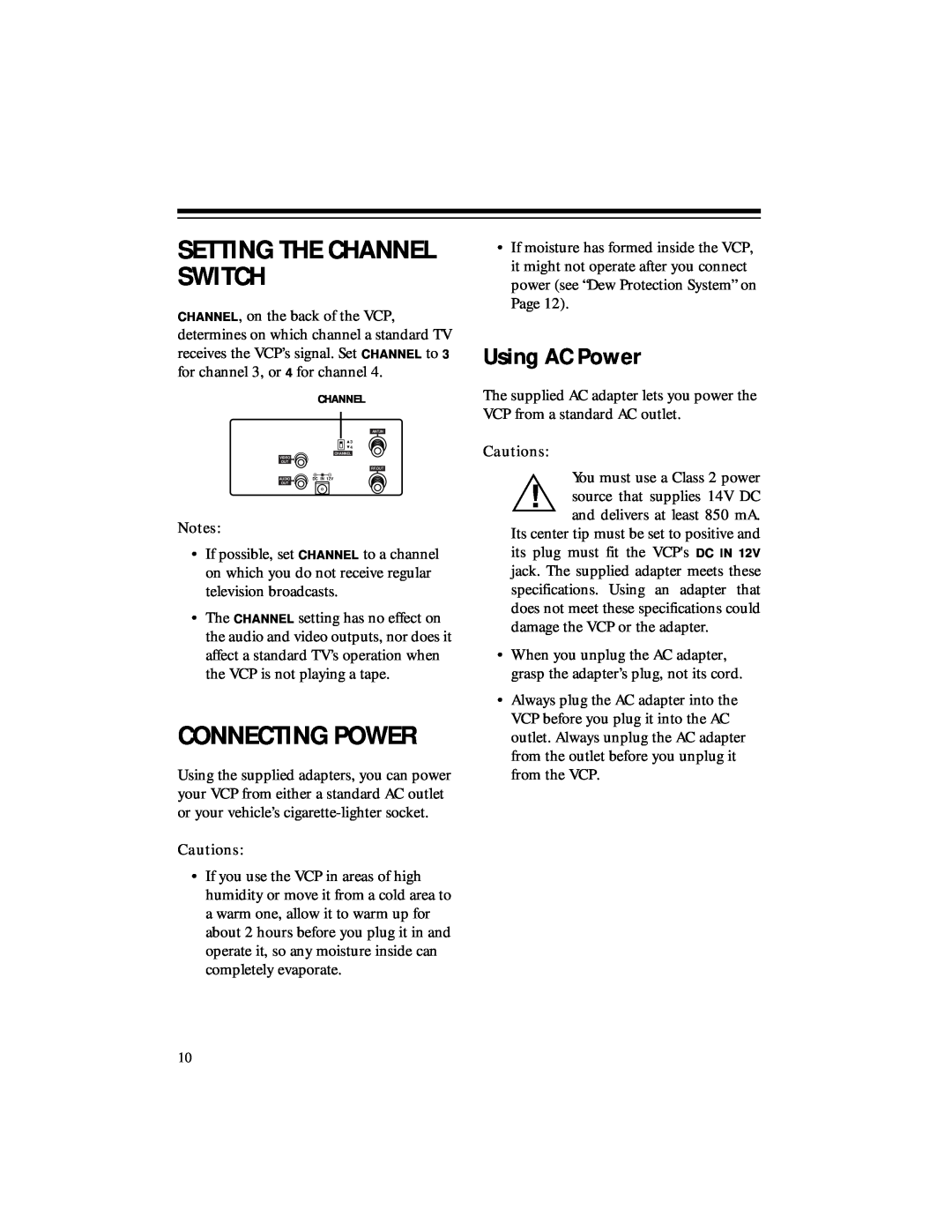 RCA 50, 40 owner manual Setting The Channel Switch, Connecting Power, Using AC Power 