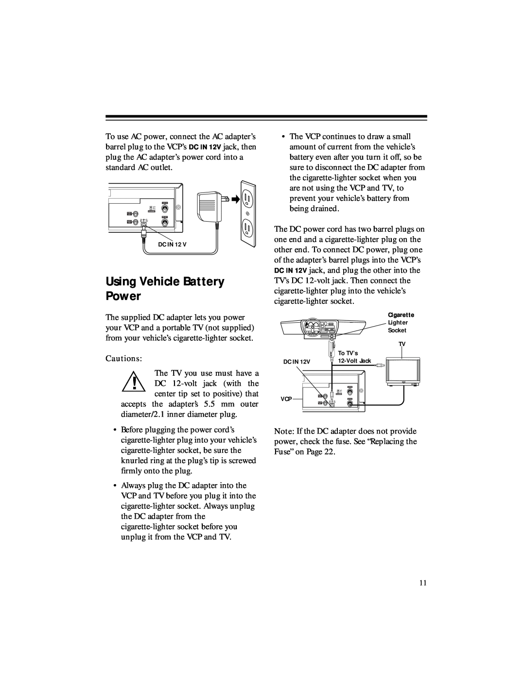 RCA 40, 50 owner manual Using Vehicle Battery Power 