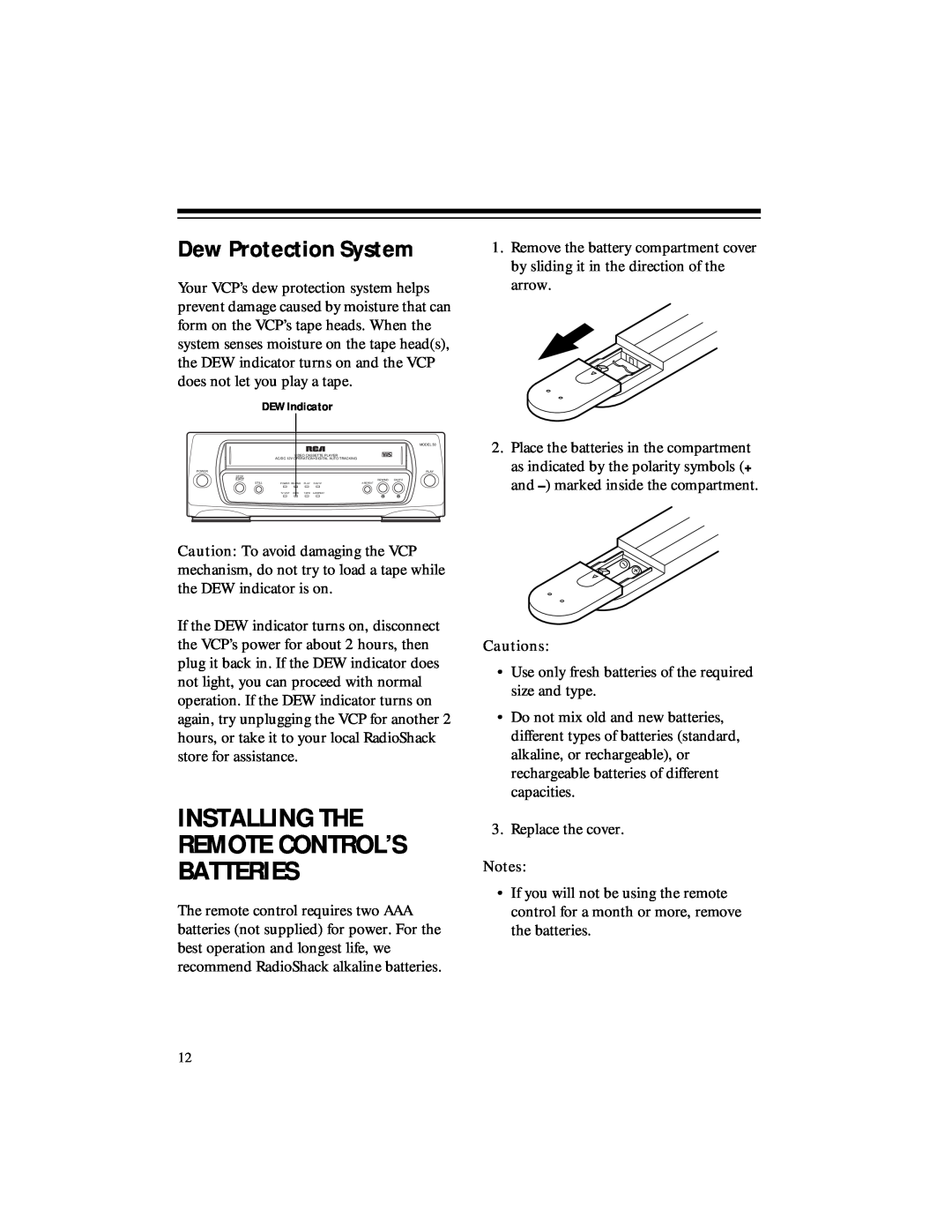RCA 50, 40 owner manual Dew Protection System, Installing The Remote Control’S Batteries 
