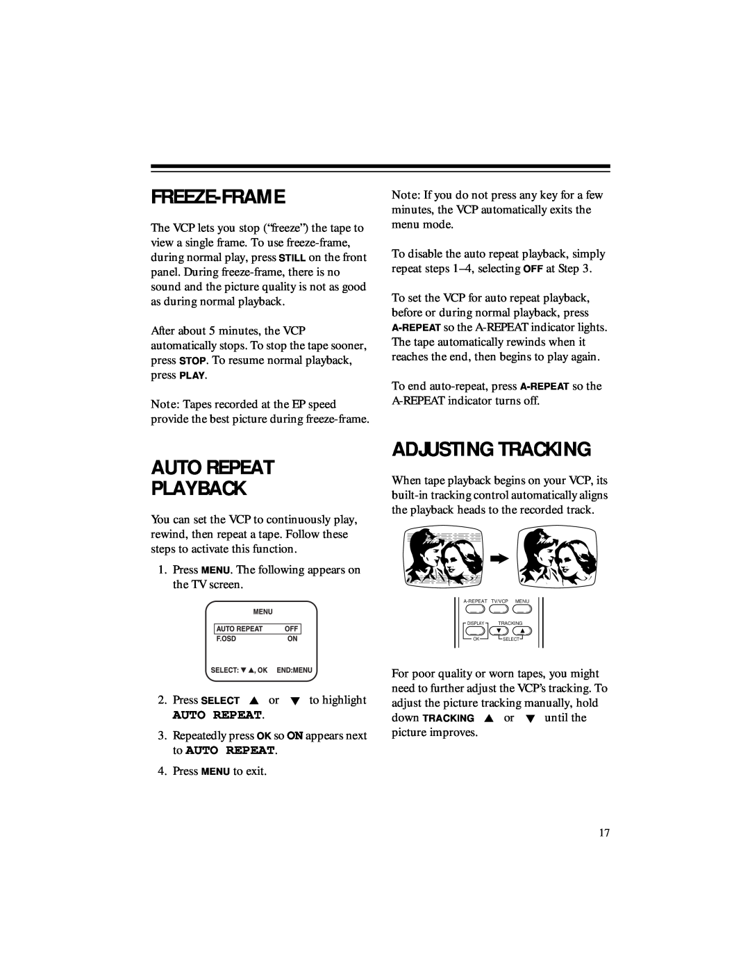 RCA 40, 50 owner manual Freeze-Frame, Auto Repeat Playback, Adjusting Tracking 