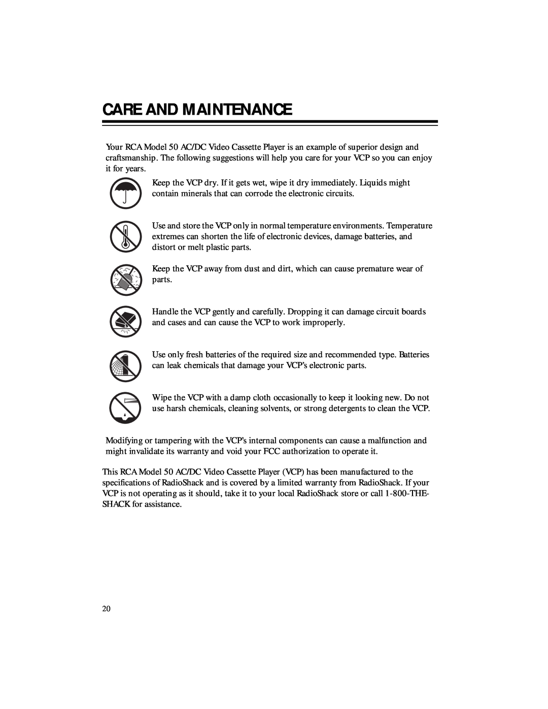RCA 50, 40 owner manual Care And Maintenance 