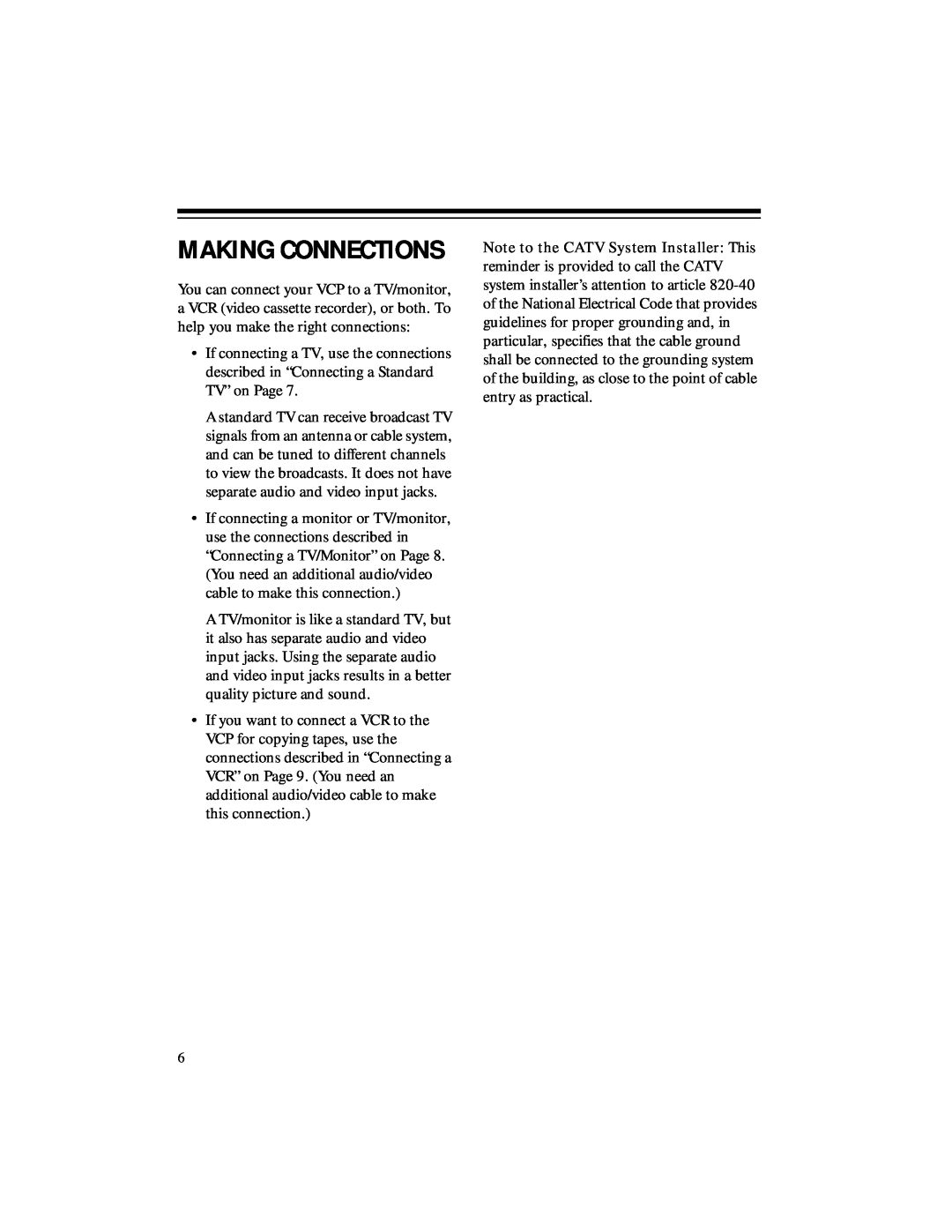 RCA 50, 40 owner manual Making Connections, Note to the CATV System Installer This 