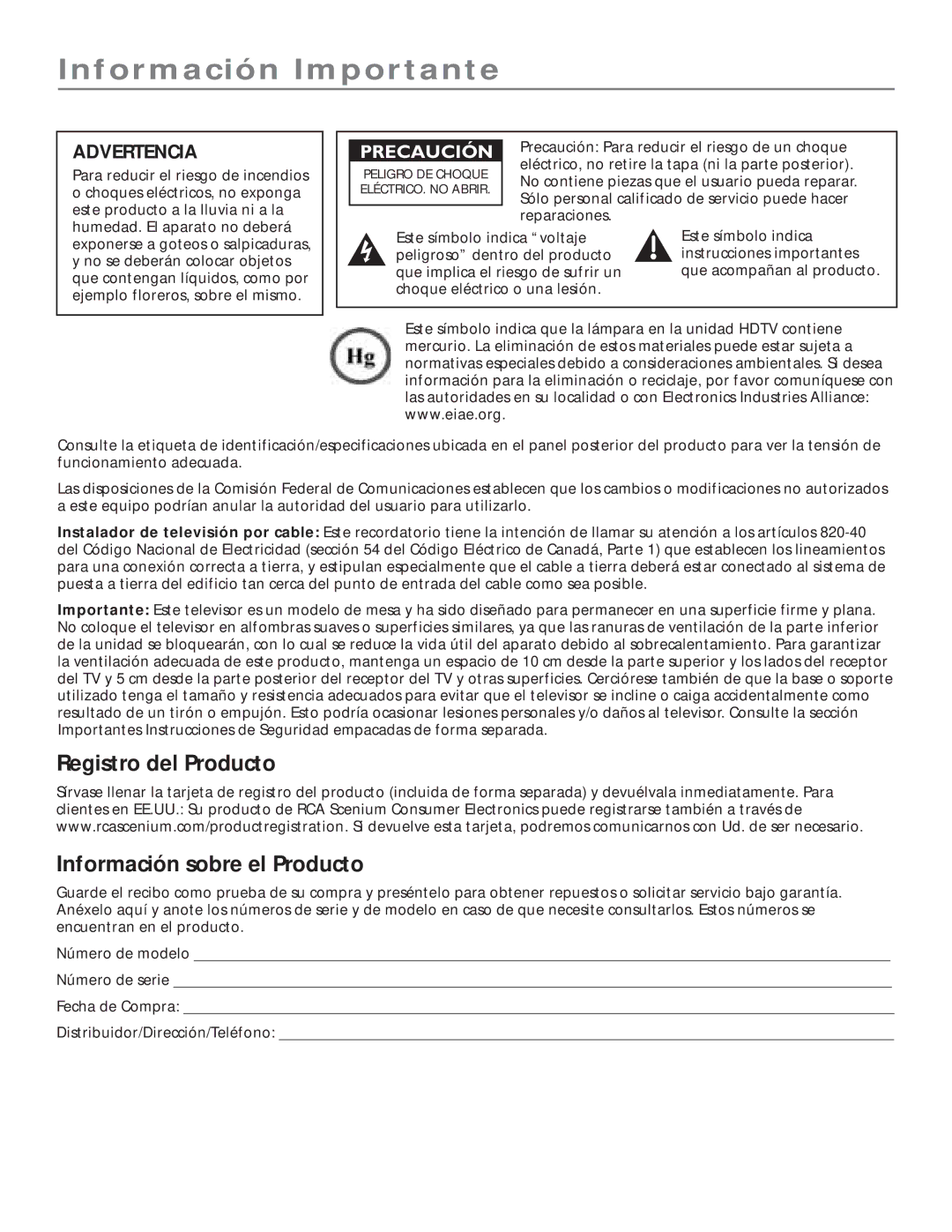 RCA 5000 manual Información Importante, Registro del Producto Información sobre el Producto 