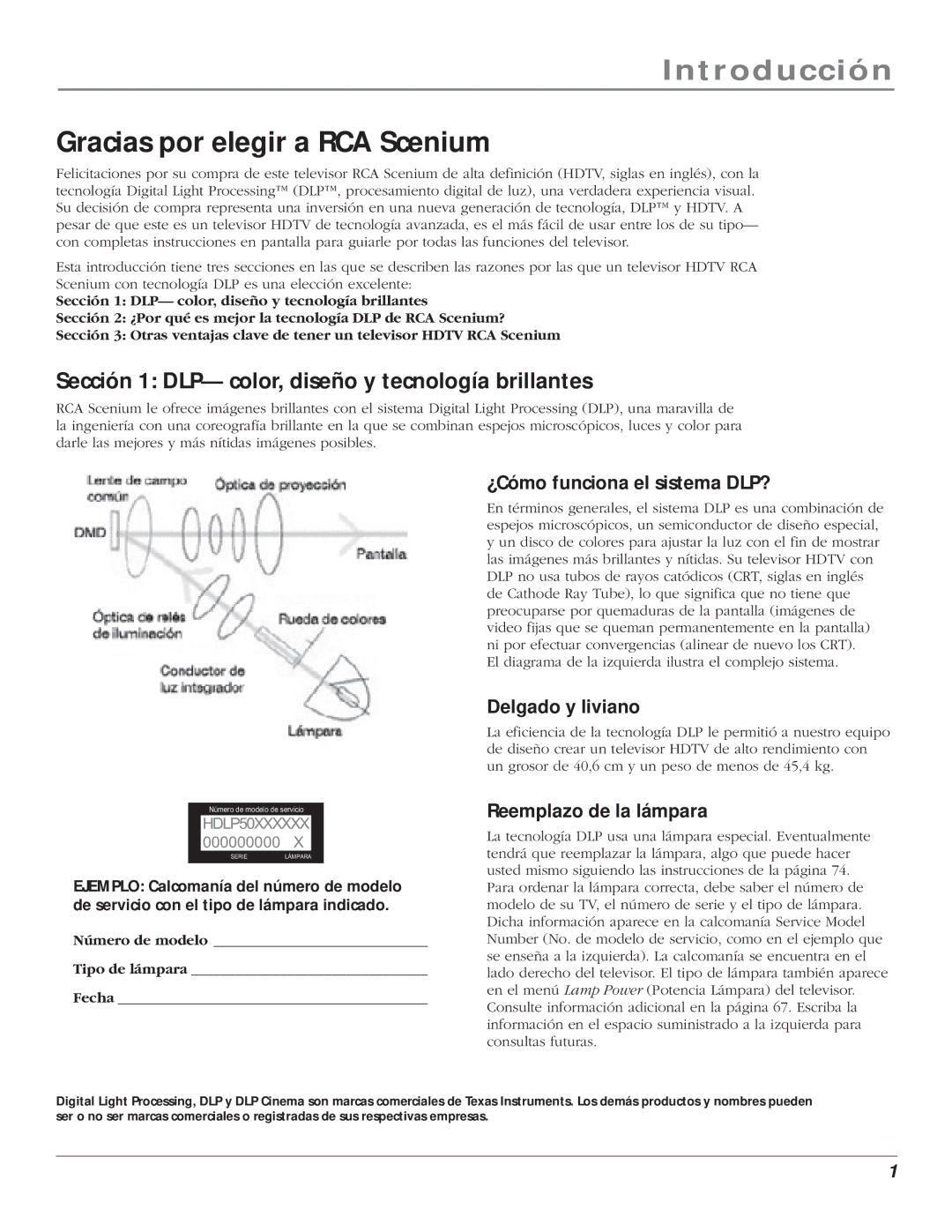 RCA 5000 manual Introducción, Gracias por elegir a RCA Scenium, Sección 1 DLP- color, diseño y tecnología brillantes 