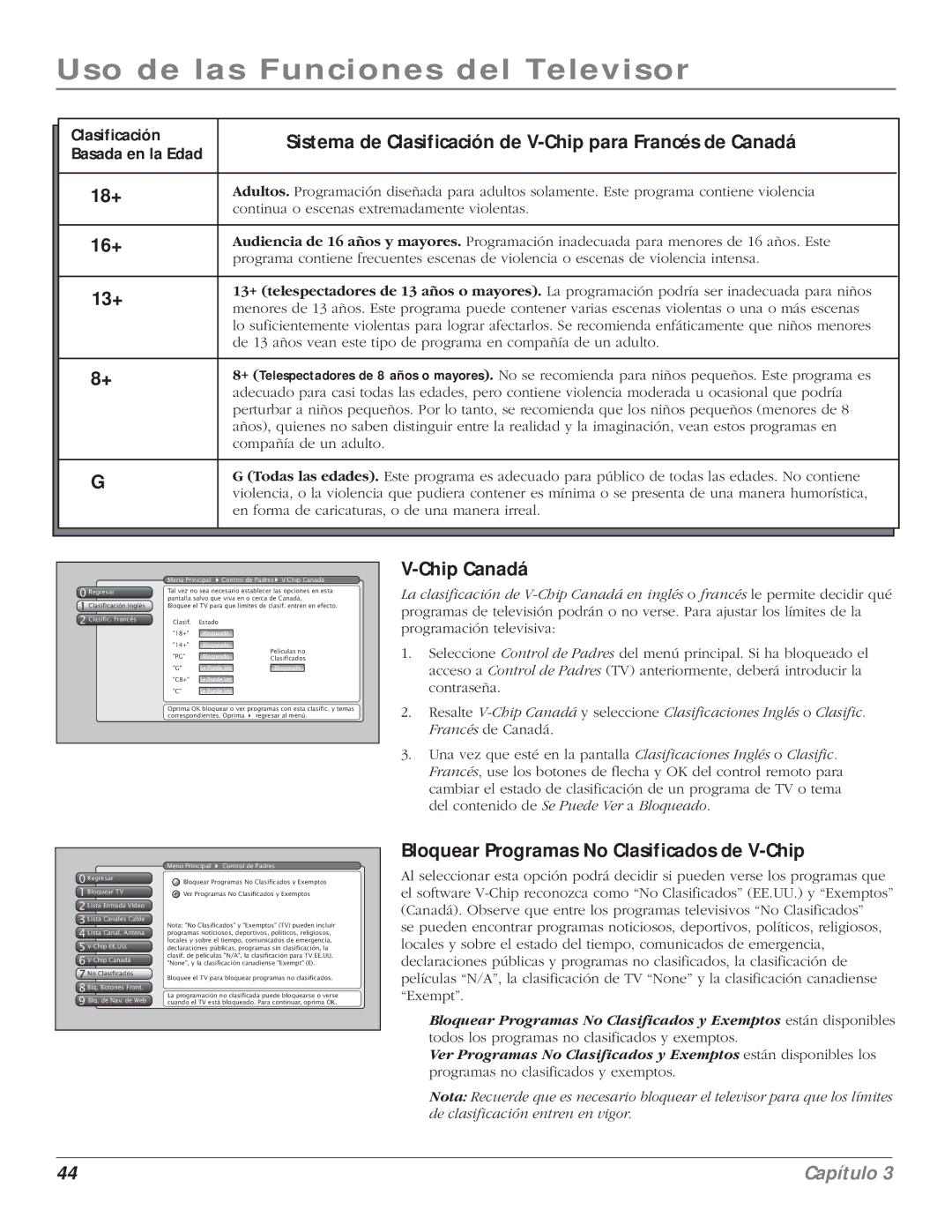 RCA 5000 manual Sistema de Clasificación de V-Chip para Francés de Canadá, 16+, 13+, Chip Canadá 