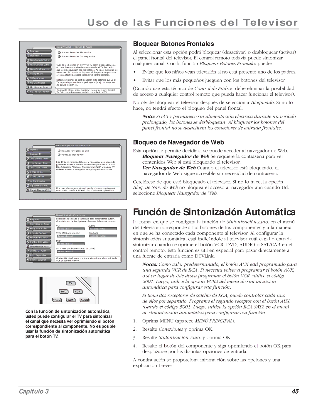 RCA 5000 manual Función de Sintonización Automática, Bloquear Botones Frontales, Bloqueo de Navegador de Web 