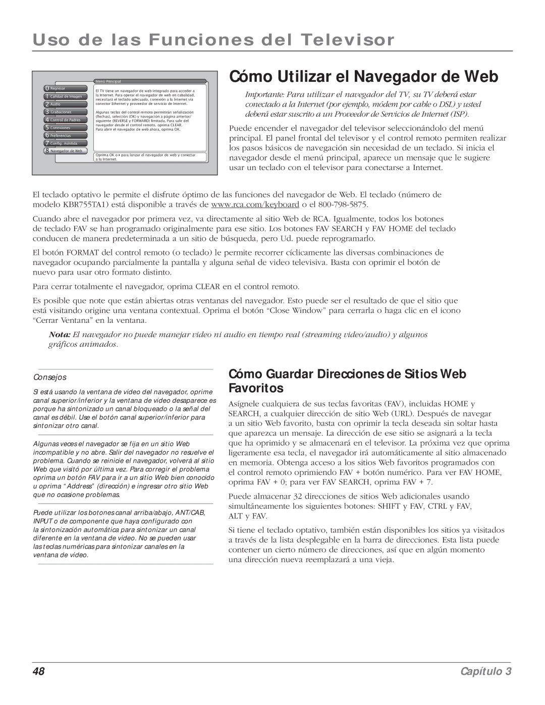 RCA 5000 manual Cómo Utilizar el Navegador de Web, Cómo Guardar Direcciones de Sitios Web Favoritos 