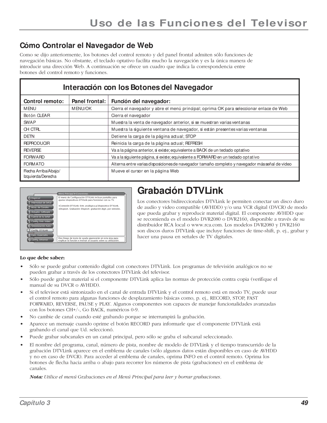 RCA 5000 manual Grabación DTVLink, Cómo Controlar el Navegador de Web, Interacción con los Botones del Navegador 