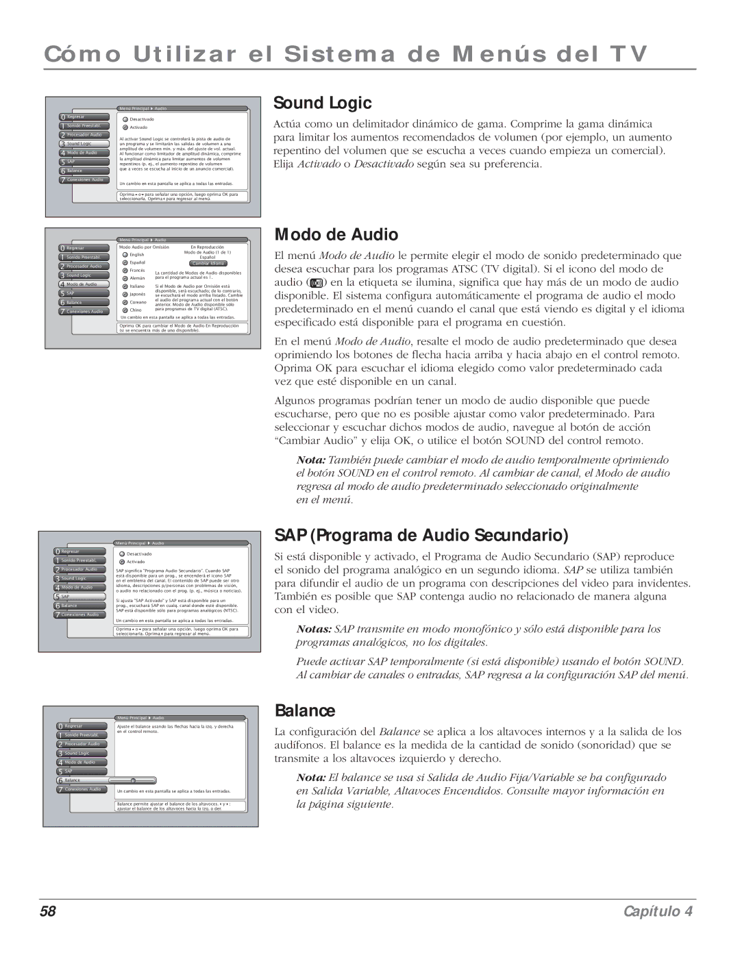 RCA 5000 manual Sound Logic, Modo de Audio, SAP Programa de Audio Secundario, Balance 