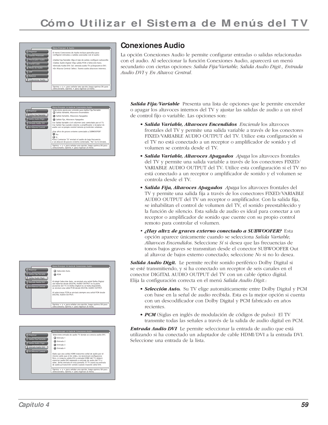 RCA 5000 manual Conexiones Audio, Regresar Salida Fija/Variable Salida Audio Digit 