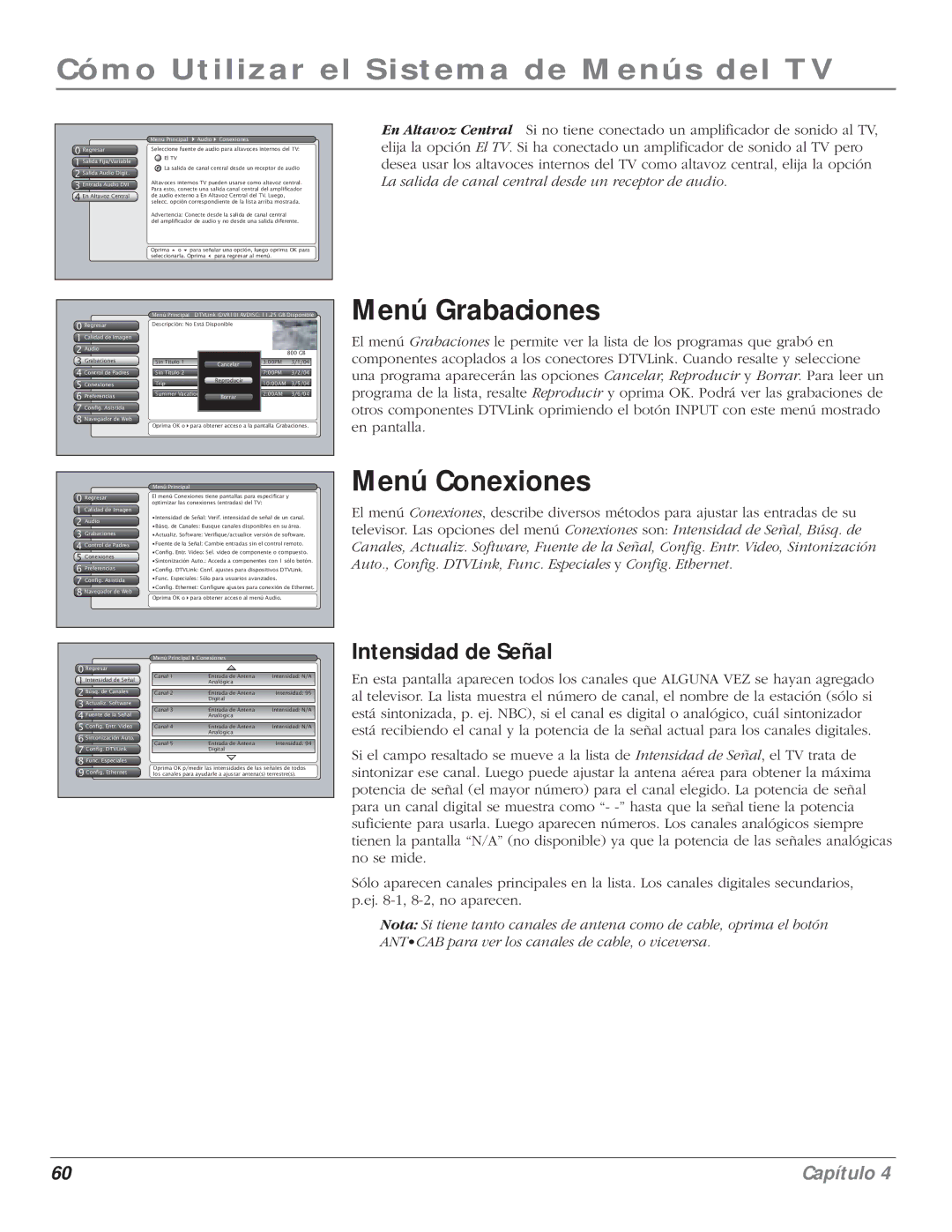 RCA 5000 manual Menú Grabaciones, Menú Conexiones, Intensidad de Señal 