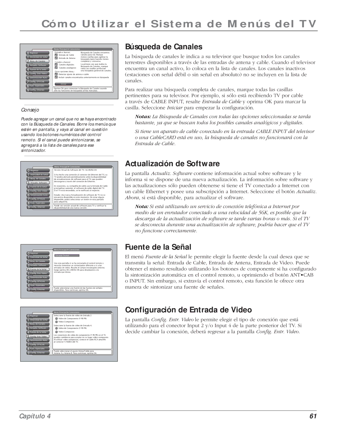 RCA 5000 manual Búsqueda de Canales, Actualización de Software, Fuente de la Señal, Configuración de Entrada de Video 