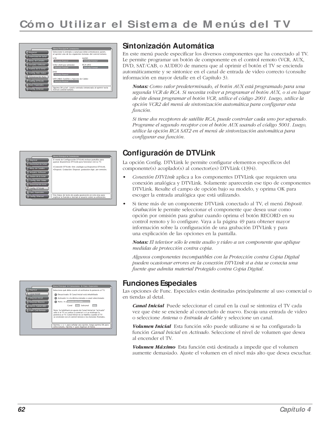 RCA 5000 manual Sintonización Automática, Configuración de DTVLink, Funciones Especiales 