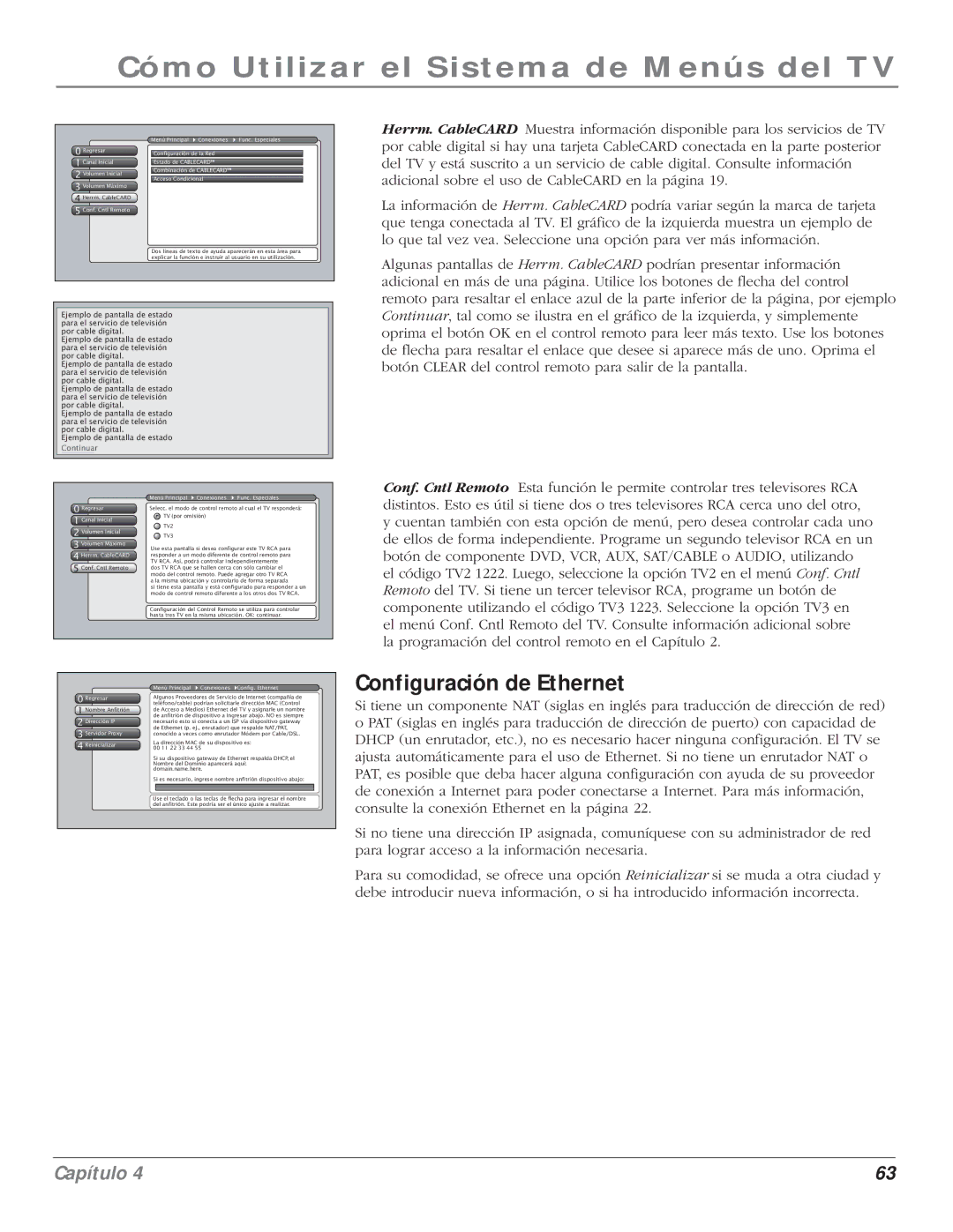 RCA 5000 manual Configuración de Ethernet, Estado de Cablecard 