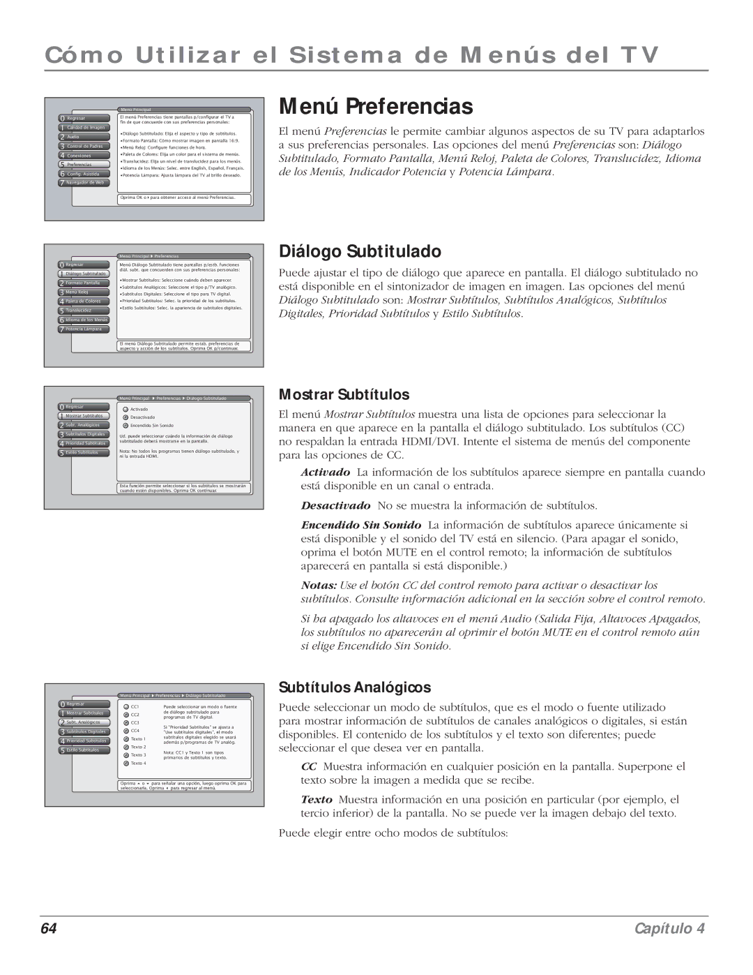 RCA 5000 manual Menú Preferencias, Diálogo Subtitulado, Mostrar Subtítulos, Subtítulos Analógicos 