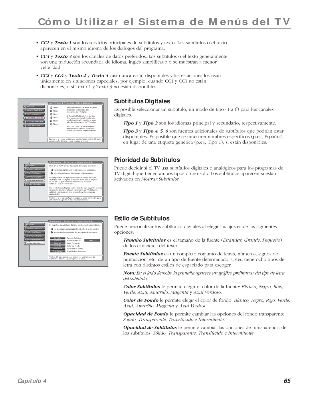 RCA 5000 manual Subtítulos Digitales, Prioridad de Subtítulos, Estilo de Subtítulos 