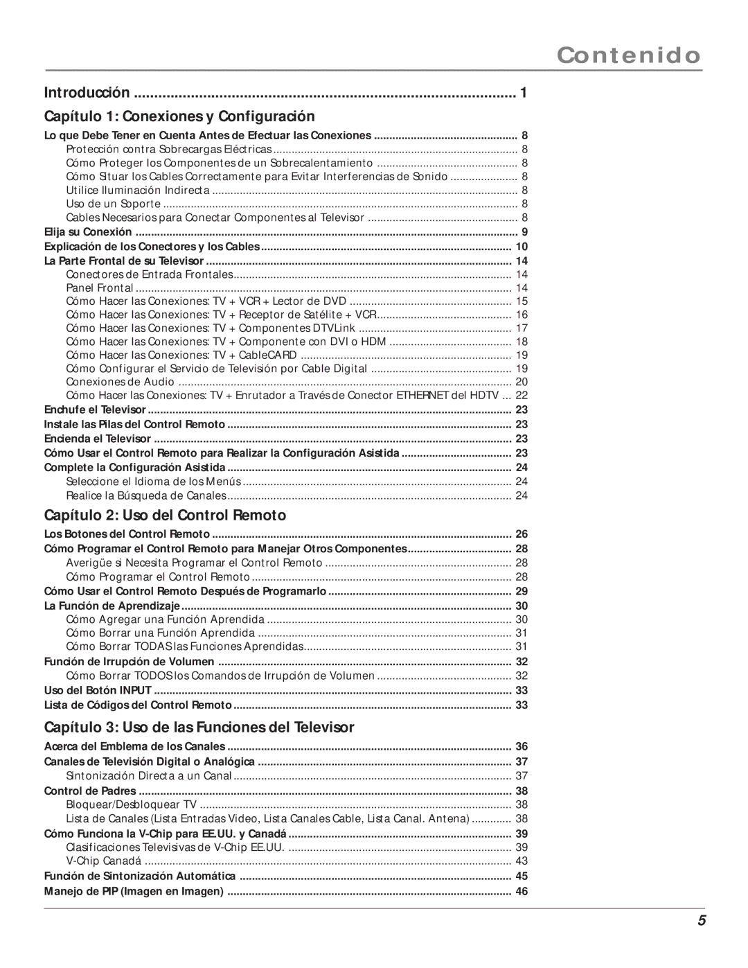 RCA 5000 manual Contenido, Introducción Capítulo 1 Conexiones y Configuración, Capítulo 2 Uso del Control Remoto 