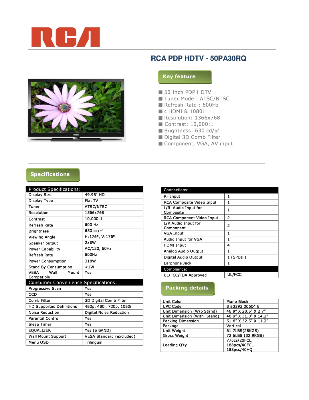 RCA RCA PDP HDTV - 50PA30RQ, Key feature, Inch PDP HDTV Tuner Mode ATSC/NTSC Refresh Rate 600Hz 4 HDMI, Specifications 