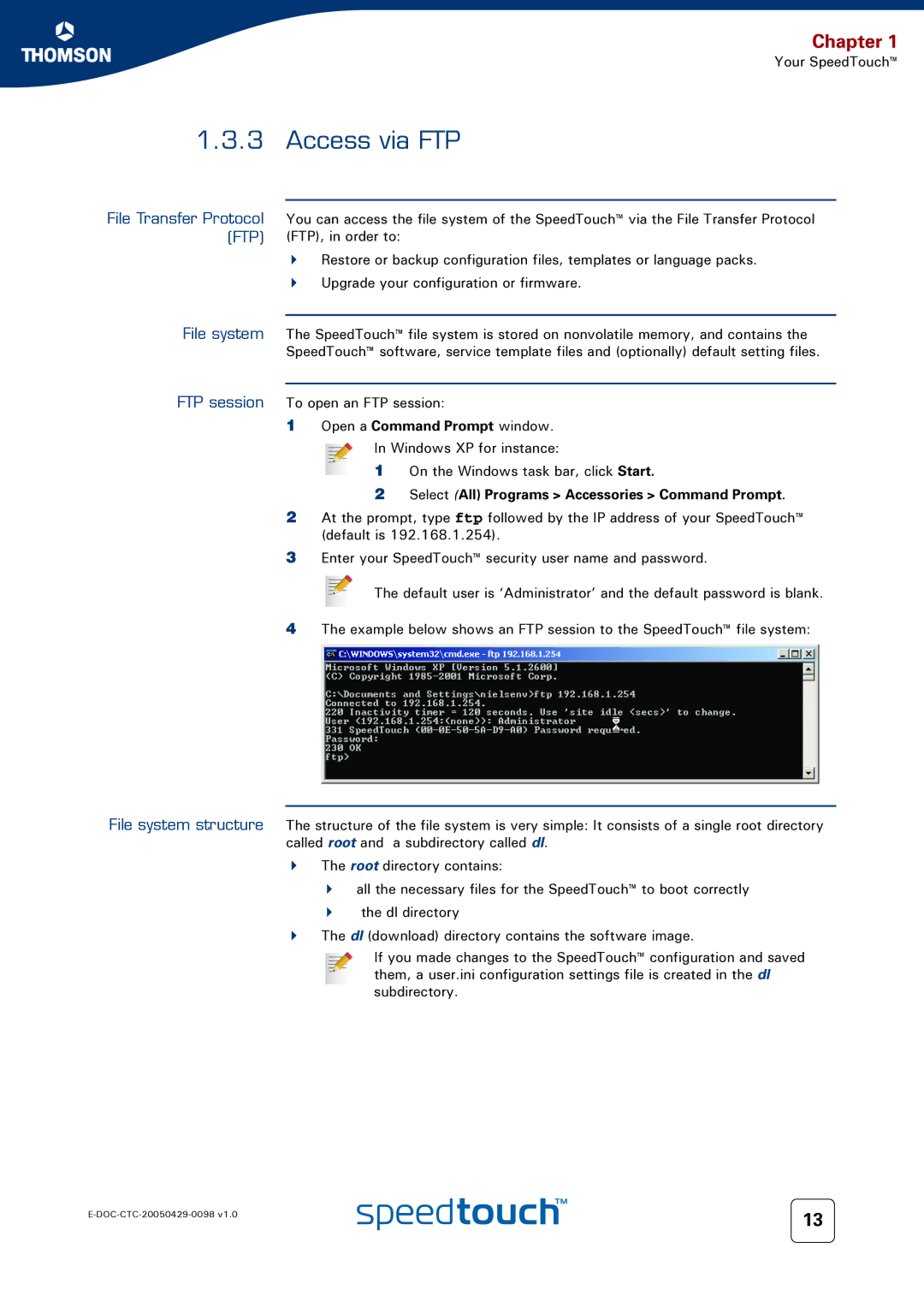 RCA 516 manual Access via FTP, File Transfer Protocol FTP, Open a Command Prompt window 