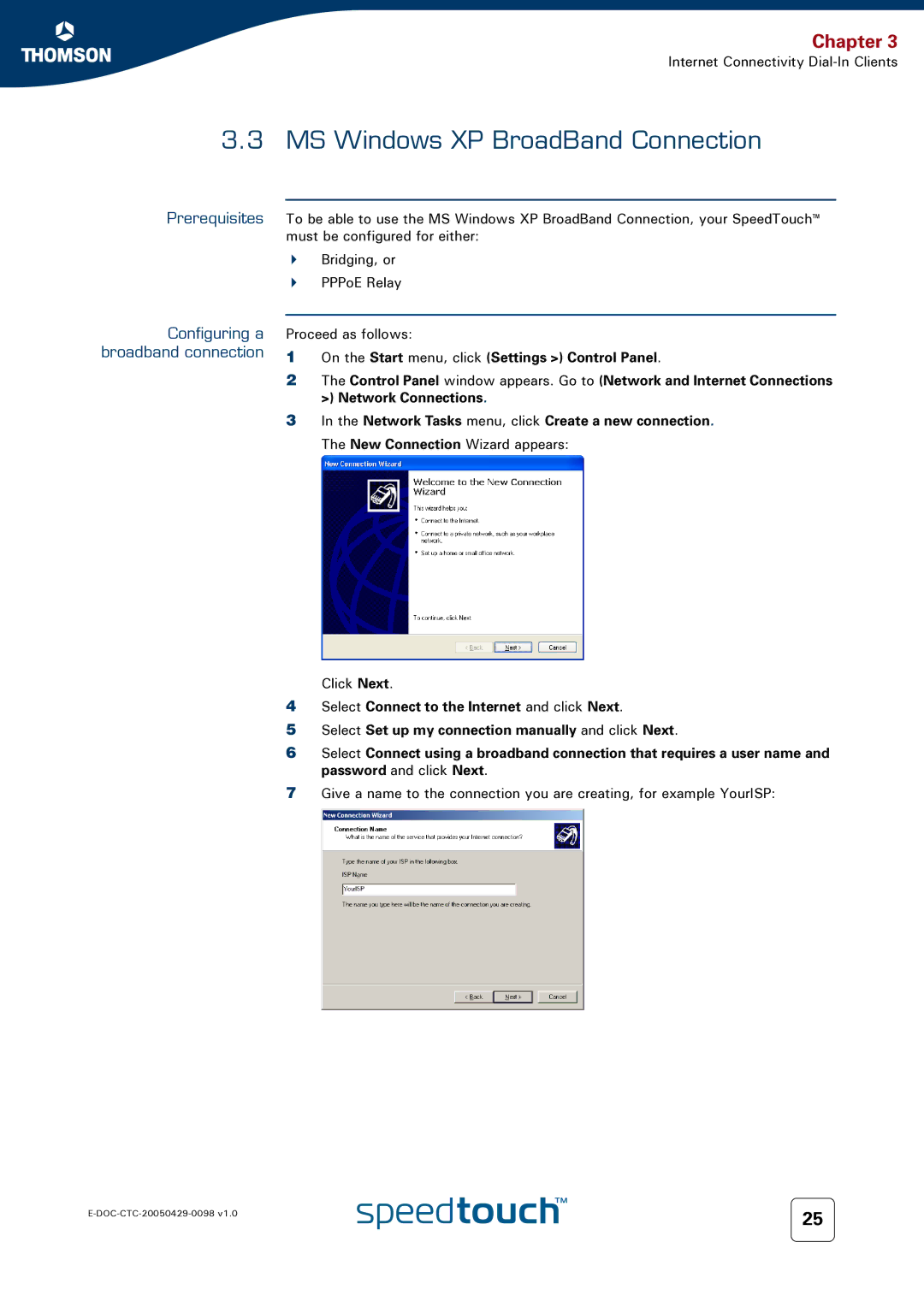 RCA 516 manual MS Windows XP BroadBand Connection, Prerequisites Configuring a broadband connection 