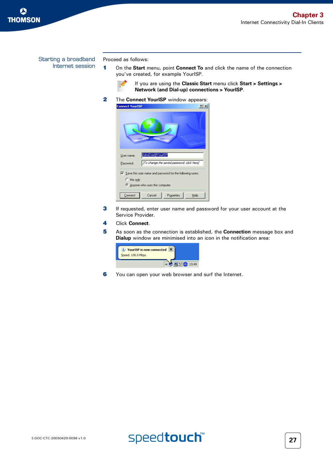 RCA 516 manual Starting a broadband Internet session, Network and Dial-up connections YourISP 