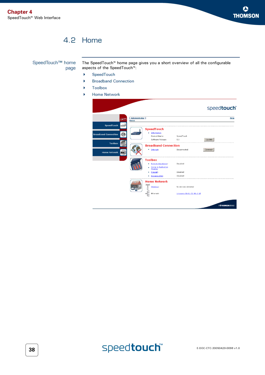 RCA 516 manual SpeedTouch home, SpeedTouch Broadband Connection Toolbox Home Network 